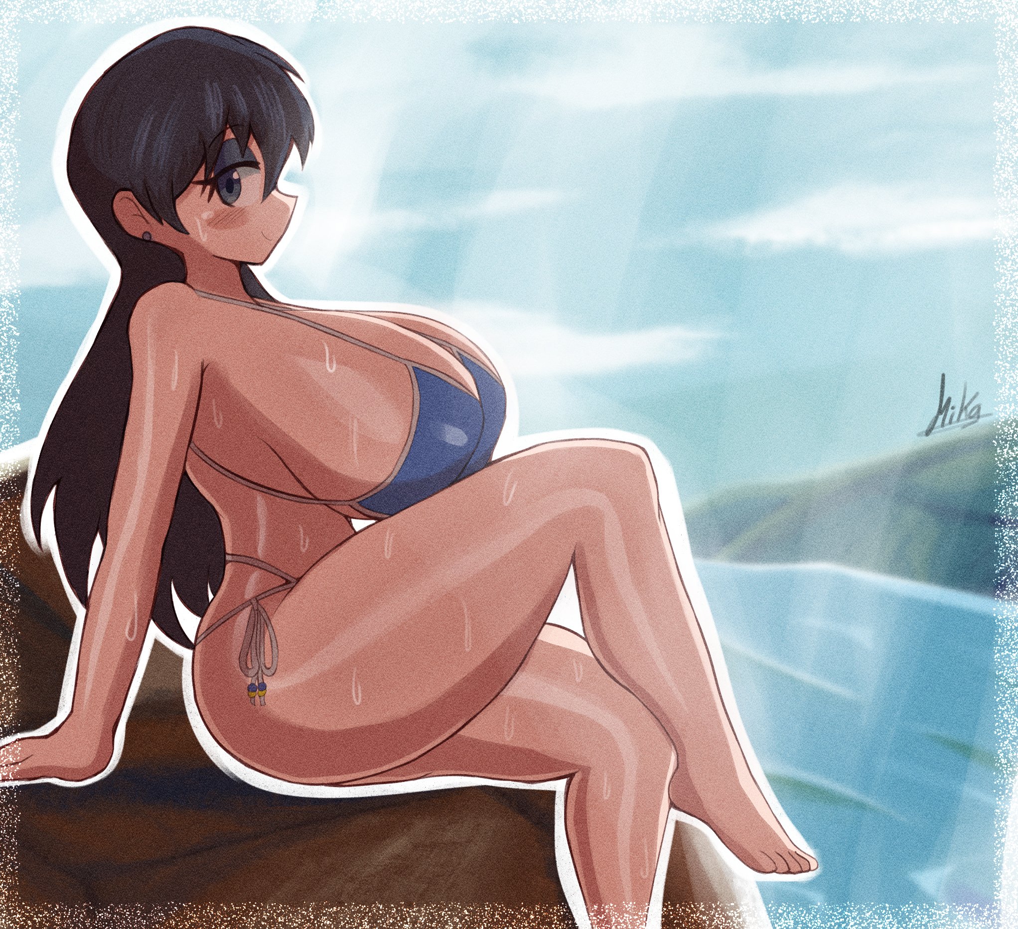 miks381, arato nagi, ruri no houseki, 1girl, barefoot, bikini, blue bikini, blue eyes, blue eyeshadow, breasts, cleavage, closed mouth, cloud, earrings, eyeshadow, from side, gigantic breasts, jewelry, long hair, looking at viewer, outdoors, outline, ribbon, sideboob, signature, sitting, sky, solo, sweat, swimsuit, thighs, water, white outline