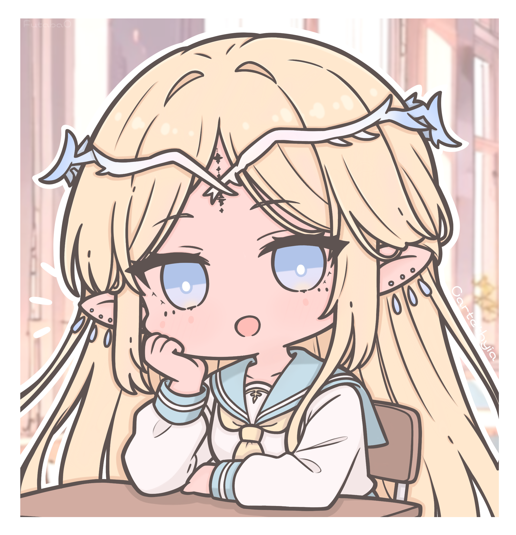 futaba (anti clockwise), cartethyia (wuthering waves), wuthering waves, commentary, highres, symbol-only commentary, 1girl, alternate costume, blonde hair, blue eyes, blue sailor collar, breasts, character name, crown of thorns, earrings, jewelry, long hair, long sleeves, looking at viewer, medium breasts, multiple earrings, open mouth, parted bangs, pointy ears, sailor collar, shirt, solo, tacet mark (wuthering waves), white shirt