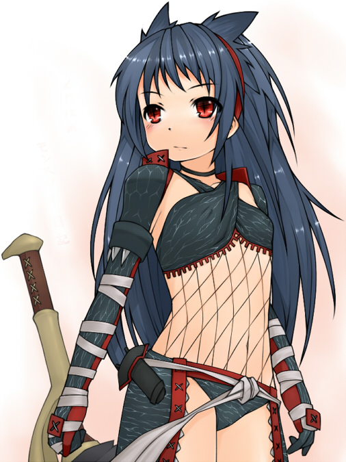 kochiya (gothope), capcom, monster hunter (series), bad id, bad pixiv id, 1girl, armor, bandages, bikini armor, blue hair, blush, choker, elbow gloves, female focus, fishnets, flat chest, gloves, hairband, long hair, midriff, nargacuga (armor), red eyes, sash, slit pupils, solo, standing, sword, very long hair, weapon