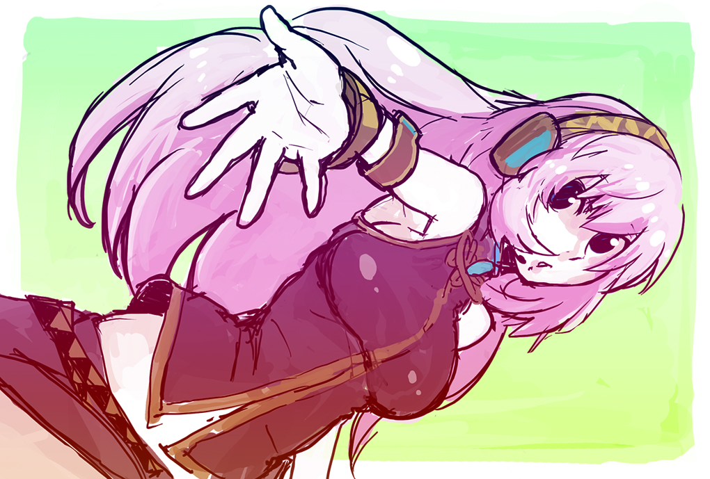 kitayama, megurine luka, vocaloid, bad id, bad pixiv id, armpits, breasts, foreshortening, headphones, large breasts, long hair, outstretched arm, outstretched hand, pink hair, reaching, sketch, solo