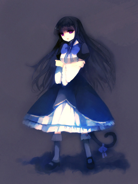 frederica bernkastel, umineko no naku koro ni, european clothes, 00s, black dress, blue hair, bow, crossed arms, dress, kneehighs, long hair, mary janes, purple eyes, shoes, socks, tail
