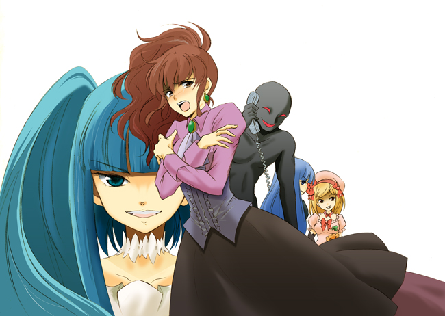 frederica bernkastel, furudo erika, lambdadelta, ushiromiya natsuhi, umineko no naku koro ni, 00s, blonde hair, blue eyes, blue hair, bow, brown hair, dress, pink dress, smile