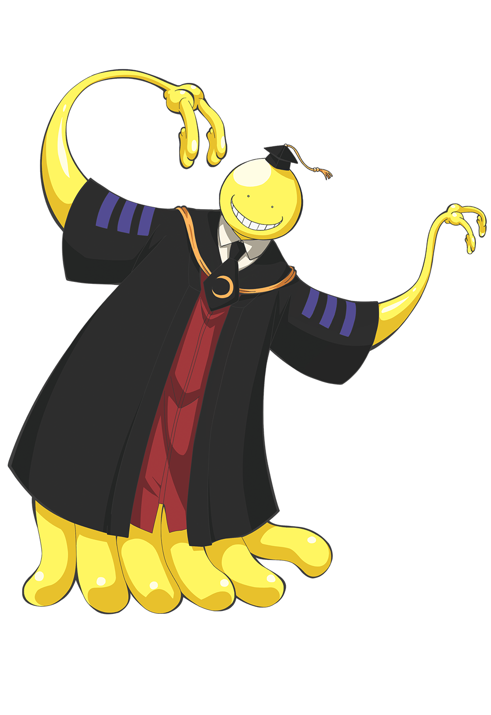 higami aya, koro-sensei, ansatsu kyoushitsu, highres, official art, 1boy, anime coloring, black necktie, black robe, colored skin, full body, grin, hat, kunugigaoka middle school uniform, male focus, mortarboard, necktie, robe, school uniform, simple background, smile, solo, tachi-e, tentacles, transparent background, yellow skin