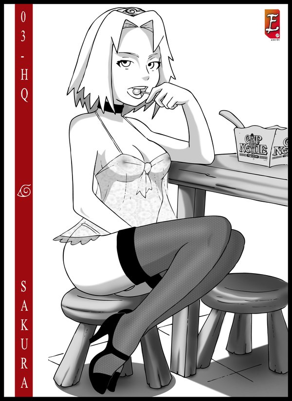 hotdesigns2, haruno sakura, naruto, alternate costume, fishnets, high heels, monochrome, shoes, short hair, solo, thighhighs