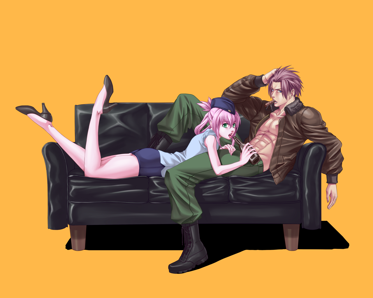 akagi gisho, akagi gishou, amanda werner, hermann saltza, blassreiter, uniform, 00s, 1boy, 1girl, abs, ass, between legs, boots, brown hair, cigar, couch, garrison cap, green eyes, hat, high heels, jacket, legs, lying, miniskirt, on stomach, open mouth, phallic symbol, pink hair, sexually suggestive, shoes, skirt, sleeves rolled up, tongue, updo