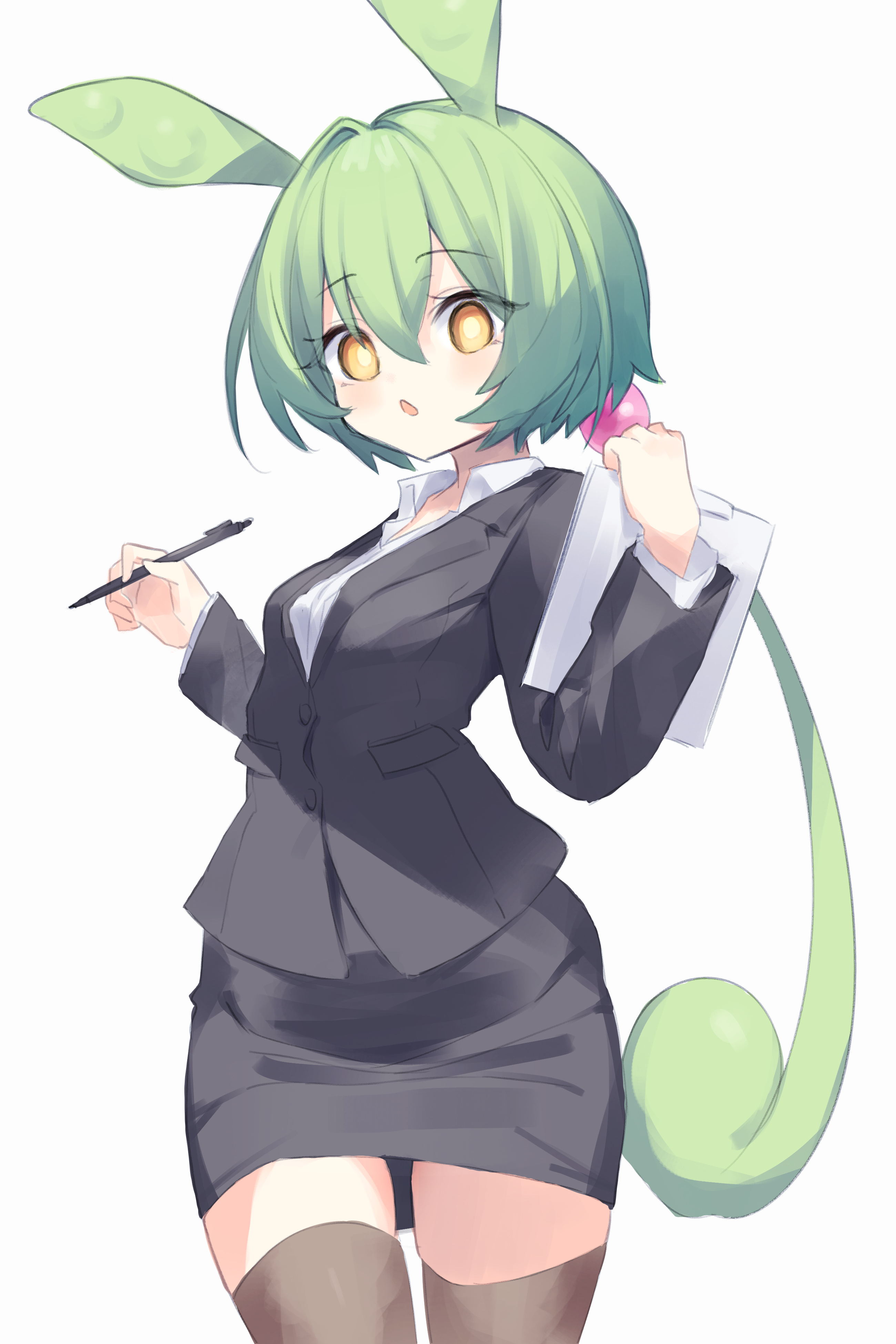 diieru, zundamon, voiceroid, absurdres, commentary request, highres, 1girl, black jacket, black skirt, blush, breasts, brown thighhighs, collared shirt, dress shirt, formal clothes, green hair, hair between eyes, hair intakes, holding, holding pen, jacket, long hair, looking at viewer, medium breasts, orange eyes, parted lips, pen, shirt, simple background, skirt, skirt suit, solo, suit, thighhighs, very long hair, white background, white shirt