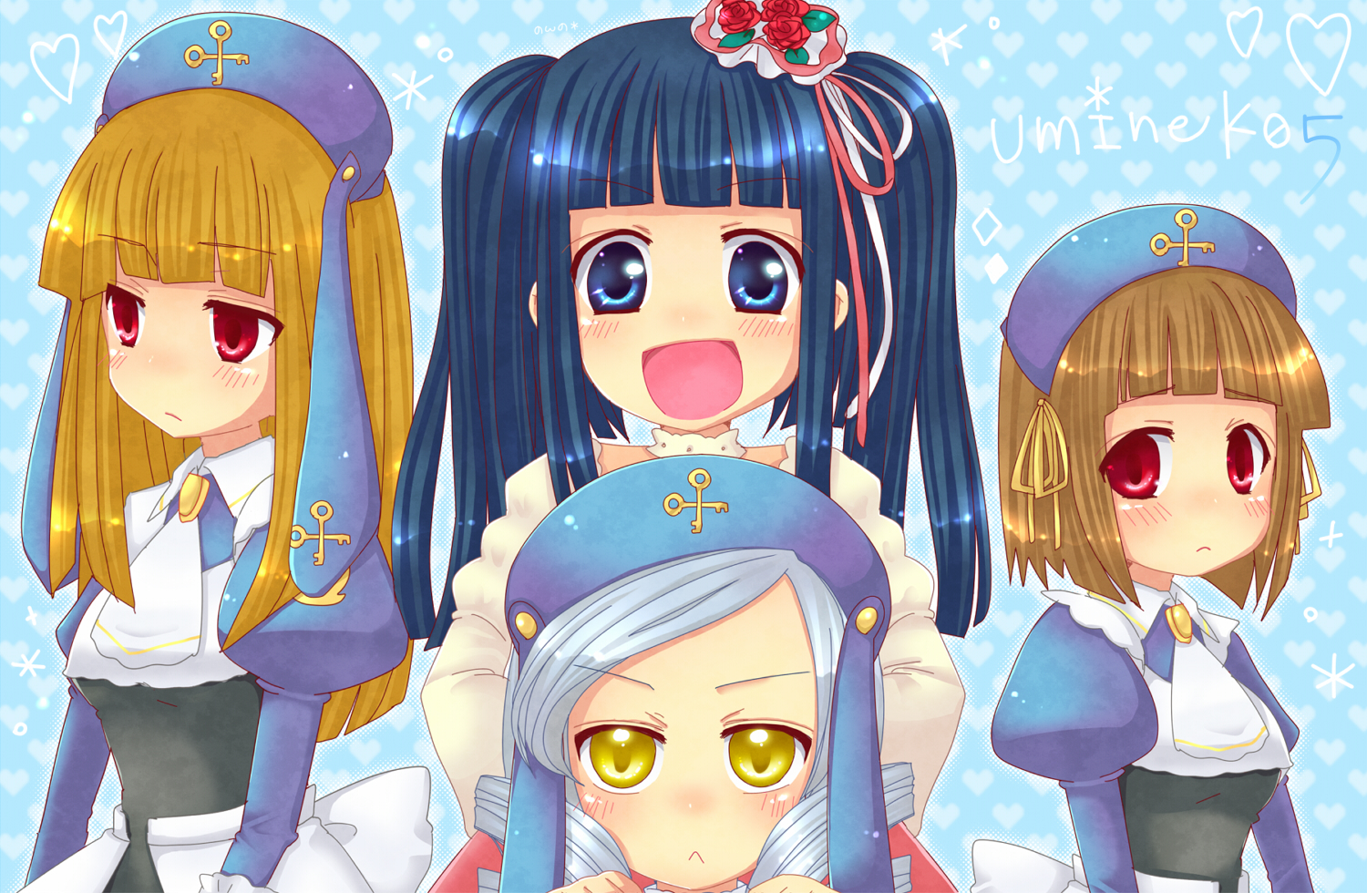 cornelia (umineko), dlanor a. knox, eiserne jungfrau, furudo erika, gertrude (umineko), 07th expansion, no naku koro ni (series), umineko no naku koro ni, 00s, 4girls, :<, blonde hair, blue eyes, blue hair, brown hair, dress, hair ornament, happy, hug, multiple girls, red eyes, yellow eyes