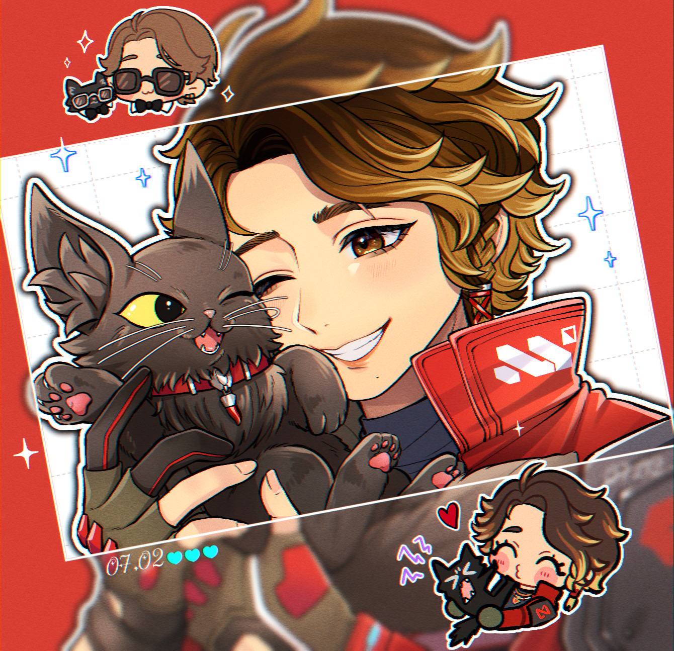 akirai, apex legends, commentary request, highres, 1boy, animal, artemis (apex legends), black cat, braid, brown eyes, brown hair, cat, chibi, chibi inset, collar, colored tips, curtained hair, dated, frosted border, gloves, holding, holding animal, jacket, multicolored hair, one eye closed, partially fingerless gloves, red collar, sparrow (apex legends), swept bangs
