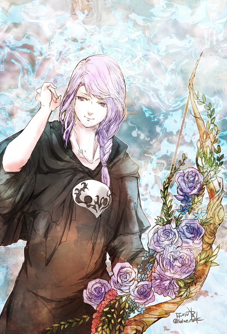 ruka (blueplus84), hythlodaeus, final fantasy, final fantasy xiv, commentary, 1boy, black robe, bow (weapon), braid, closed mouth, copyright name, flower, hand up, holding, holding bow (weapon), holding weapon, long hair, male focus, mask, purple eyes, purple flower, purple hair, purple rose, robe, rose, single braid, smile, solo, sophist's robe (ff14), twitter username, unworn mask, weapon