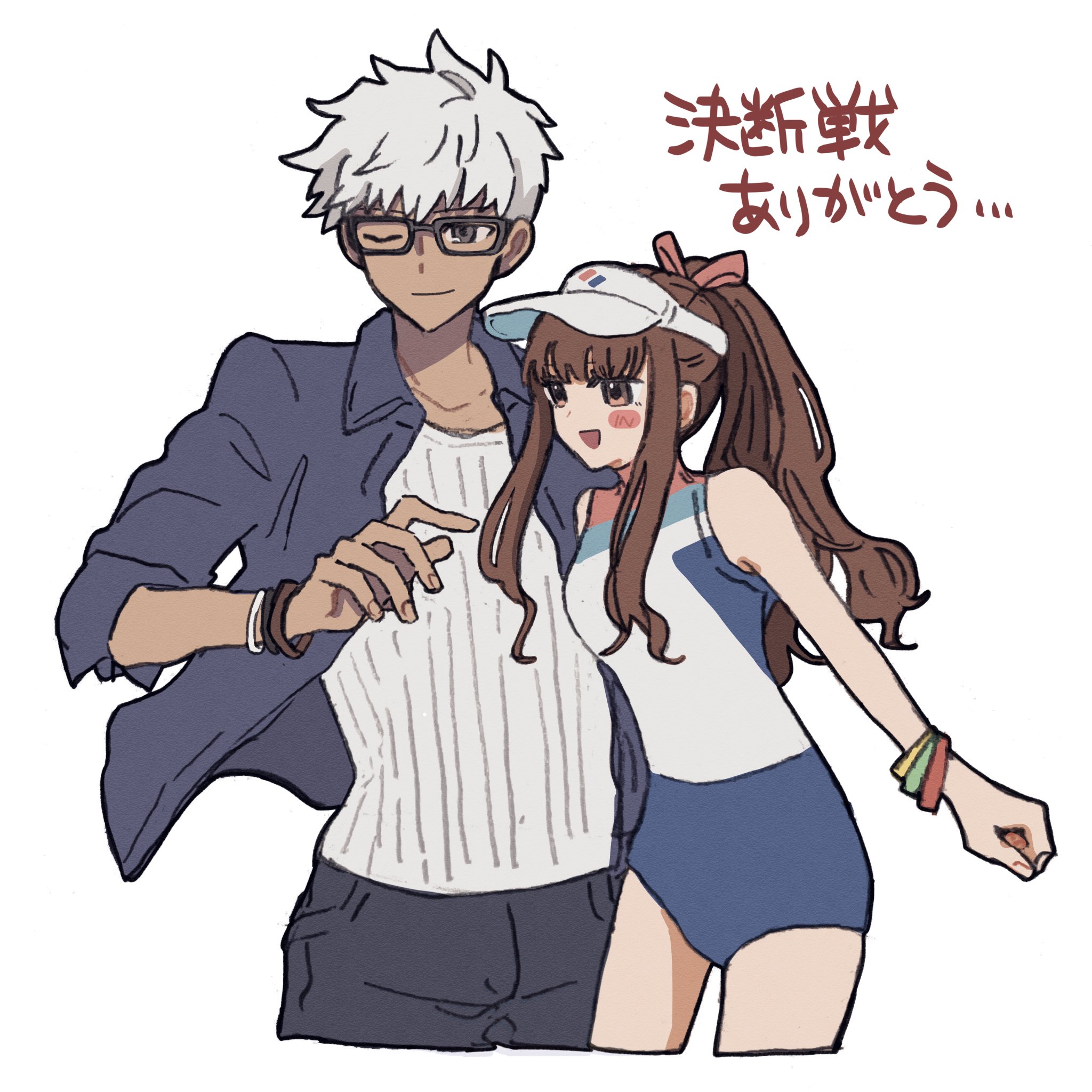 archer (fate), archer (summer casual) (fate), kishinami hakuno (female), fate/extra, fate/grand order, fate (series), commentary request, highres, 1boy, 1girl, ariakenatsu, black shirt, blush, brown hair, casual, dark skin, glasses, long hair, messy hair, one-piece swimsuit, ponytail, round eyewear, shirt, swimsuit, white hair, white shirt