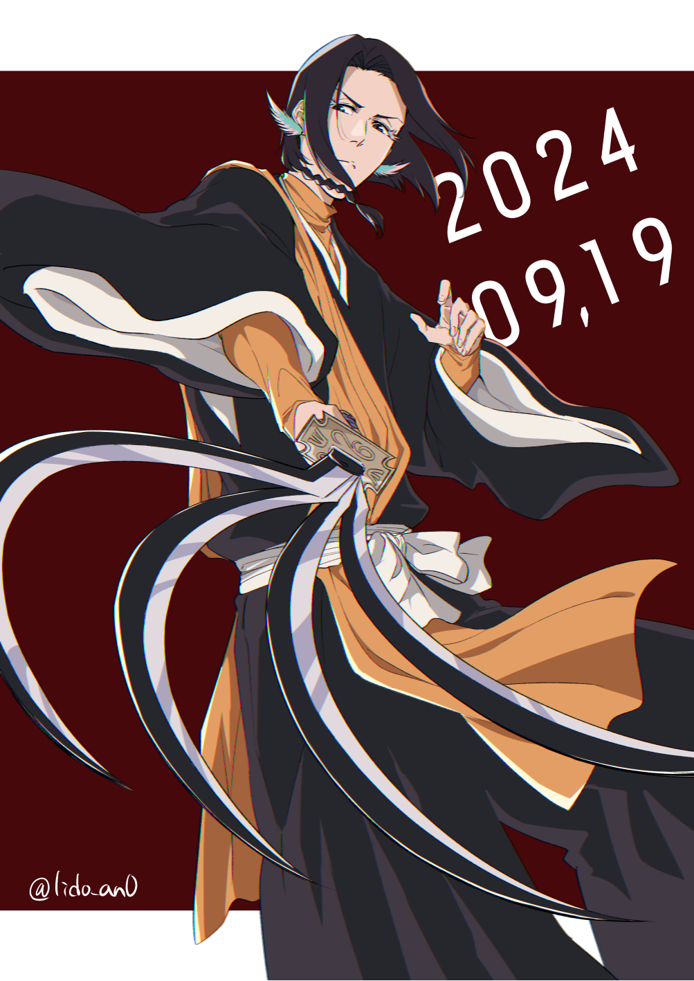 lido an0, ayasegawa yumichika, bleach, bleach: sennen kessen-hen, commentary request, highres, 1boy, black hakama, braid, dated, earrings, feather earrings, feathers, frown, hakama, holding, holding sword, holding weapon, japanese clothes, jewelry, looking at viewer, male focus, orange sash, ruri'iro kujaku (shikai), shihakusho, side braid, sleeves past wrists, solo, sword, turtleneck, twitter username, weapon