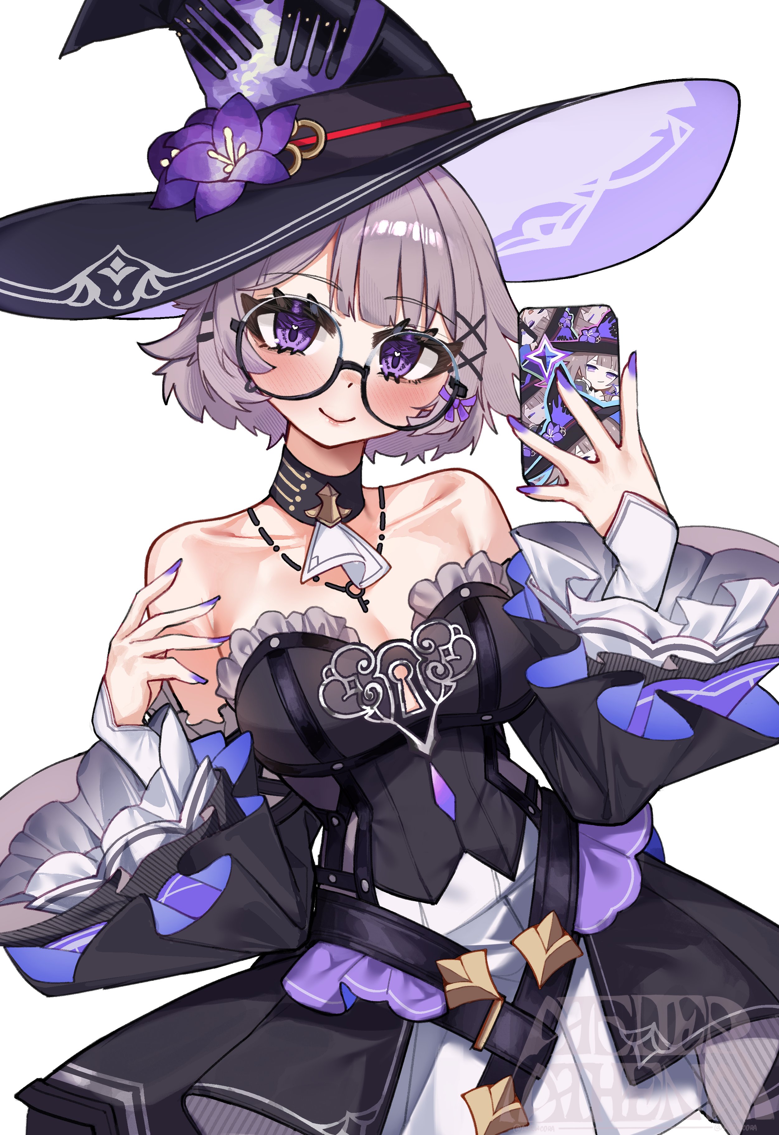 auraaa, herta (honkai: star rail), the herta (honkai: star rail), honkai: star rail, honkai (series), absurdres, commentary, highres, 1girl, alternate hair length, alternate hairstyle, bare shoulders, bespectacled, black-framed eyewear, black choker, black dress, black hat, breasts, cellphone, choker, cleavage, detached sleeves, dress, glasses, grey hair, hat, holding, holding phone, long sleeves, looking at viewer, nail polish, phone, purple eyes, purple nails, round eyewear, short hair, smartphone, smile, solo, strapless, strapless dress, upper body, witch hat