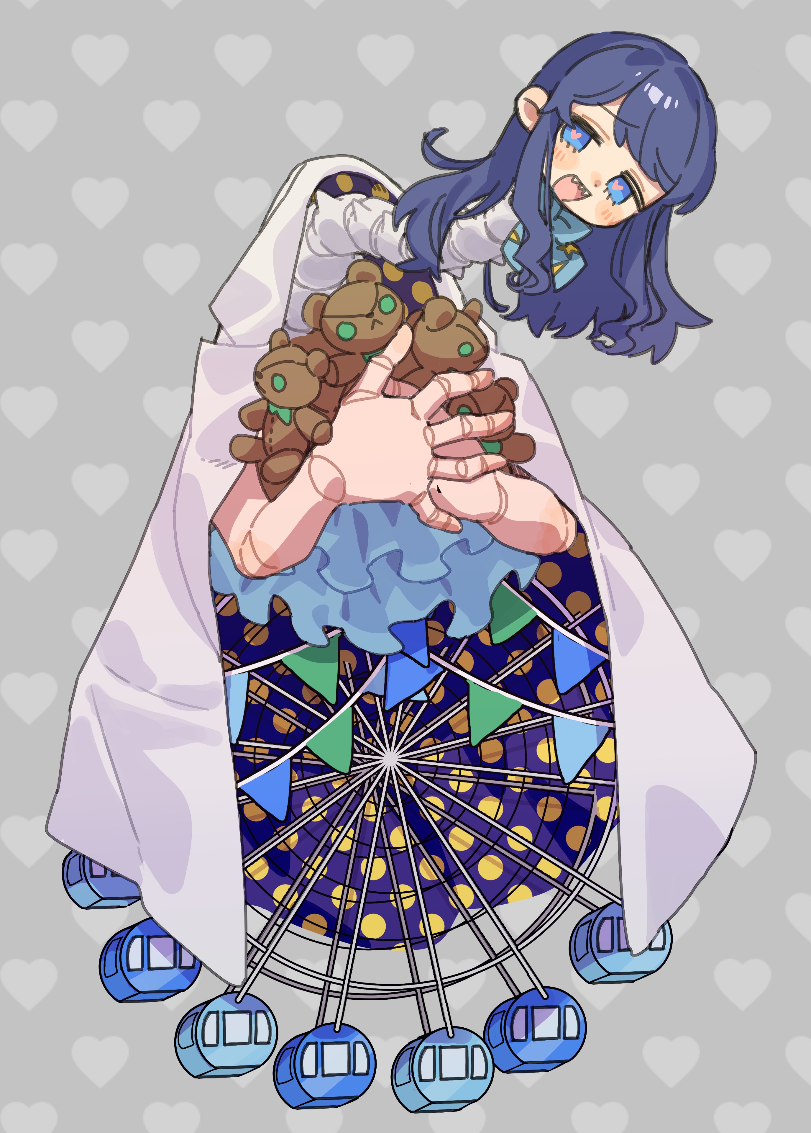 monsha moa, original, absurdres, commentary request, commission, highres, skeb commission, 1girl, blue eyes, blue hair, coat, doll joints, ferris wheel, grey background, head tilt, heart, heart background, heart in eye, holding, holding stuffed toy, joints, long hair, looking at viewer, sharp teeth, spine, stuffed animal, stuffed toy, symbol in eye, teddy bear, teeth, white coat