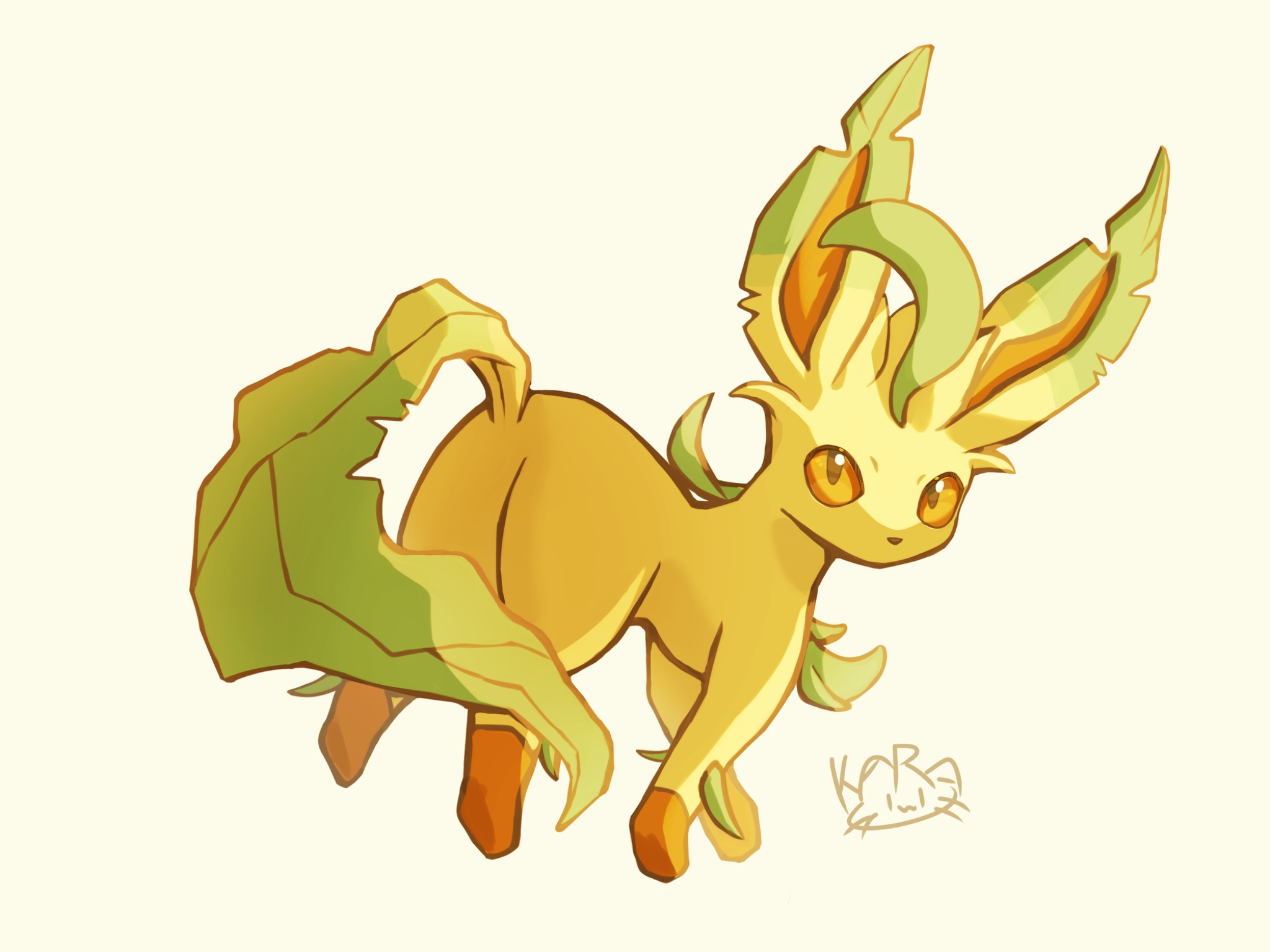 karaneko, leafeon, nintendo, pokemon, commentary request, highres, animal focus, brown eyes, full body, gen 4 pokemon, looking up, no humans, pokemon (creature), pokemon focus, signature, simple background, solo