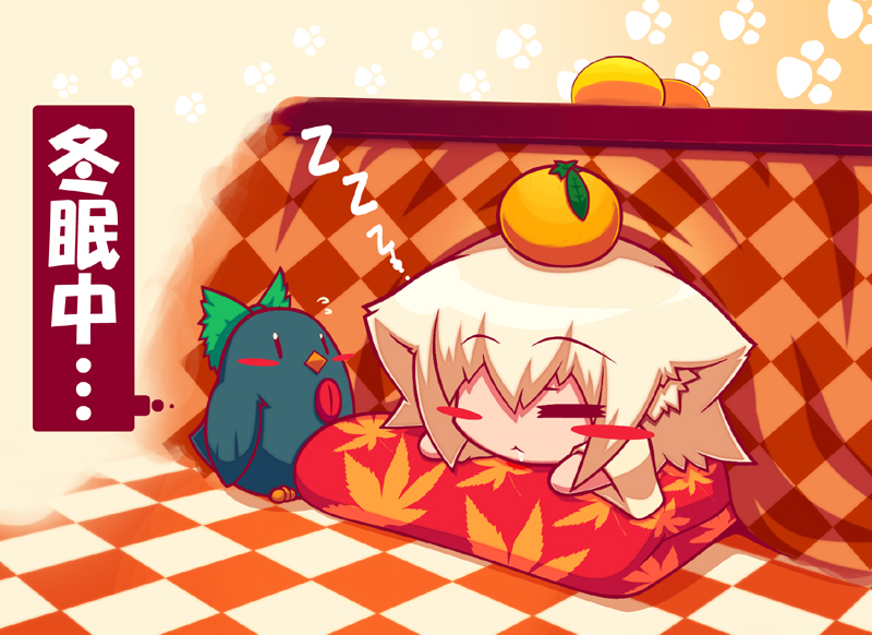 raion-san, inubashiri momiji, reiuji utsuho, reiuji utsuho (bird), touhou, translated, 1girl, :<, blush stickers, chibi, female focus, food, fruit, kotatsu, mandarin orange, object on head, orange (fruit), saliva, sleeping, solo, table