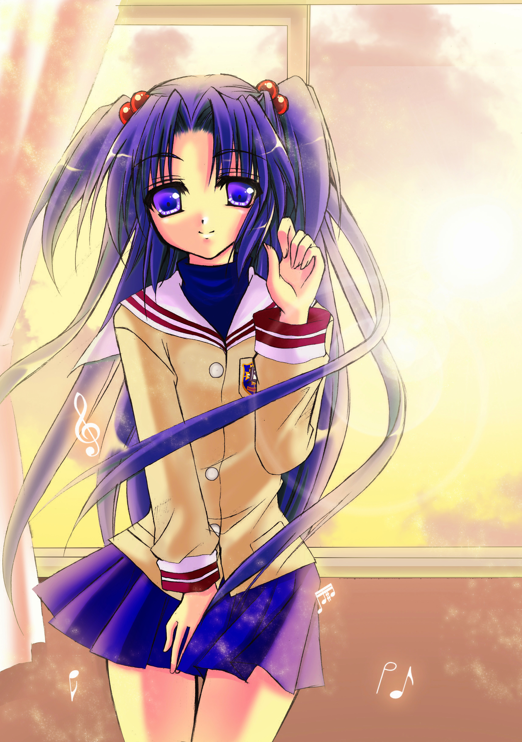 noir77311, ichinose kotomi, clannad, absurdres, highres, 00s, blue eyes, blue hair, hair bobbles, hair ornament, long hair, musical note, school uniform, solo, twintails, two side up