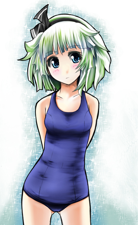 r0g0b0, konpaku youmu, touhou, bad id, bad pixiv id, 1girl, blue eyes, female focus, gradient background, green eyes, green hair, hairband, matching hair/eyes, one-piece swimsuit, school swimsuit, short hair, solo, swimsuit, white background