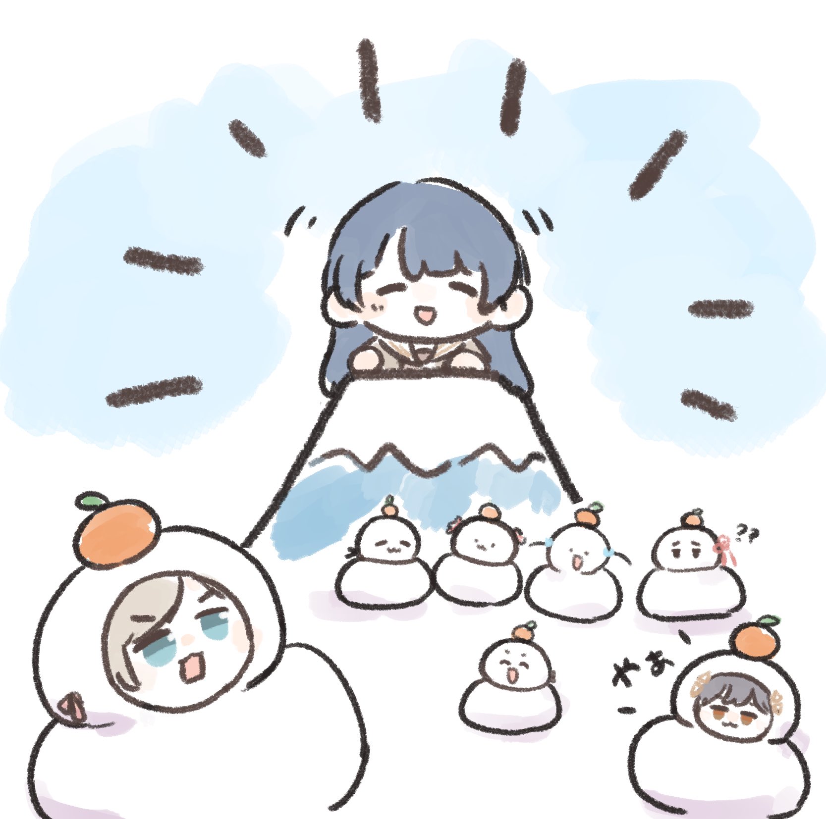 ao kaeru, anyoji hime, ceras yanagida lilienfeld, hinoshita kaho, kachimachi kosuzu, katsuragi izumi, momose ginko, murano sayaka, osawa rurino, link! like! love live!, love live!, highres, 3girls, :3, :d, ?, ??, blue background, blue eyes, blue hair, brown cardigan, cardigan, character-themed food, chibi, chibi only, closed mouth, food, food costume, food on head, fruit, fruit on head, grey hair, hair ornament, hasu no sora school uniform, mandarin orange, mochi, mountain, multiple girls, object on head, open cardigan, open clothes, open mouth, sailor collar, school uniform, smile, triangle hair ornament, v-shaped eyebrows, virtual youtuber, white sailor collar, winter uniform