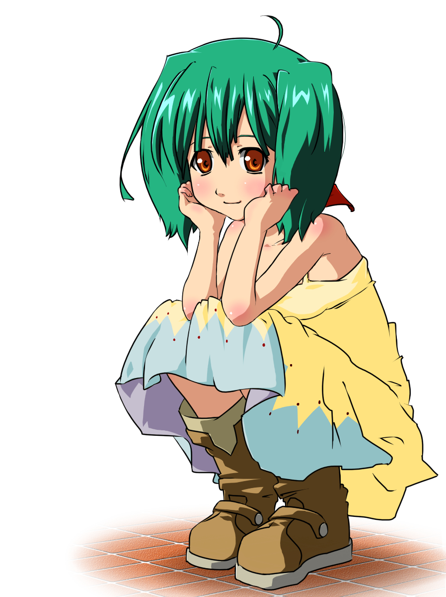 tea (084630000), ranka lee, macross, macross frontier, bad id, bad pixiv id, highres, 00s, green hair, head rest, orange eyes, smile, solo, squatting, tea