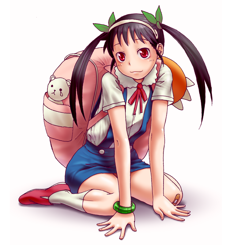 wokada, hachikuji mayoi, bakemonogatari, monogatari (series), 00s, 1girl, backpack, bag, bandaid, bandaid on knee, bandaid on leg, black hair, bracelet, female focus, fingernails, full body, hair ribbon, jewelry, kneeling, miniskirt, randoseru, red eyes, ribbon, school uniform, simple background, skirt, smile, socks, solo, stuffed animal, stuffed toy, suspenders, tears, teddy bear, twintails, white background, white socks