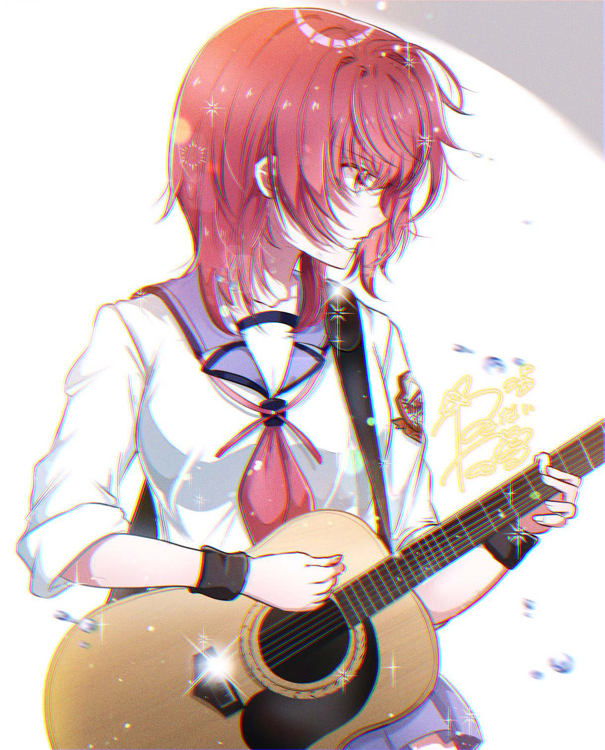 goslingwallows, iwasawa masami, angel beats!, commentary, english commentary, highres, 1girl, acoustic guitar, blue sailor collar, guitar, hands up, holding, holding guitar, holding instrument, instrument, long sleeves, looking ahead, medium hair, music, neckerchief, parted lips, pink neckerchief, playing guitar, playing instrument, profile, red eyes, red hair, sailor collar, shinda sekai sensen uniform, shirt, signature, sleeves rolled up, solo, sparkle, upper body, v-shaped eyebrows, white background, white shirt