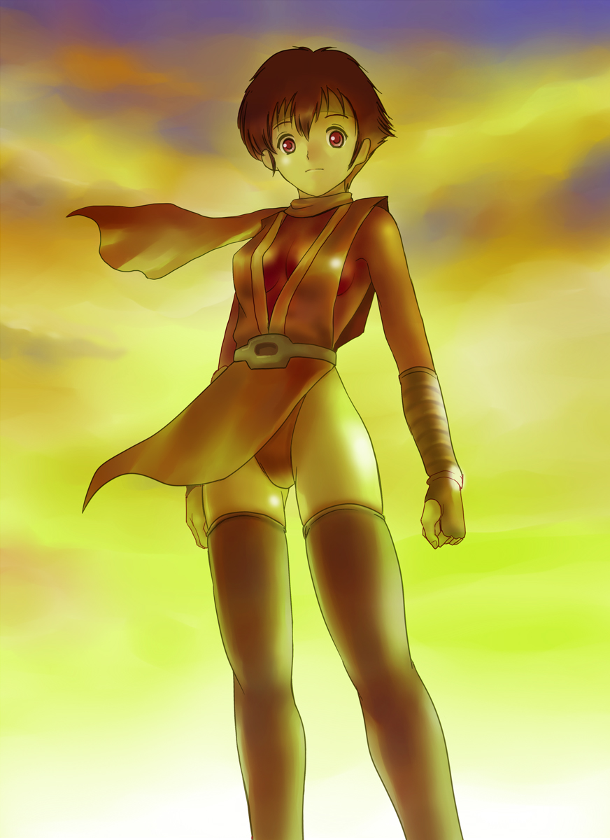 aoc cannon, kasumi (suikoden), gensou suikoden, gensou suikoden i, highres, 1girl, elbow gloves, female focus, fingerless gloves, gloves, ninja, red eyes, scarf, short hair, sky, solo, thighhighs