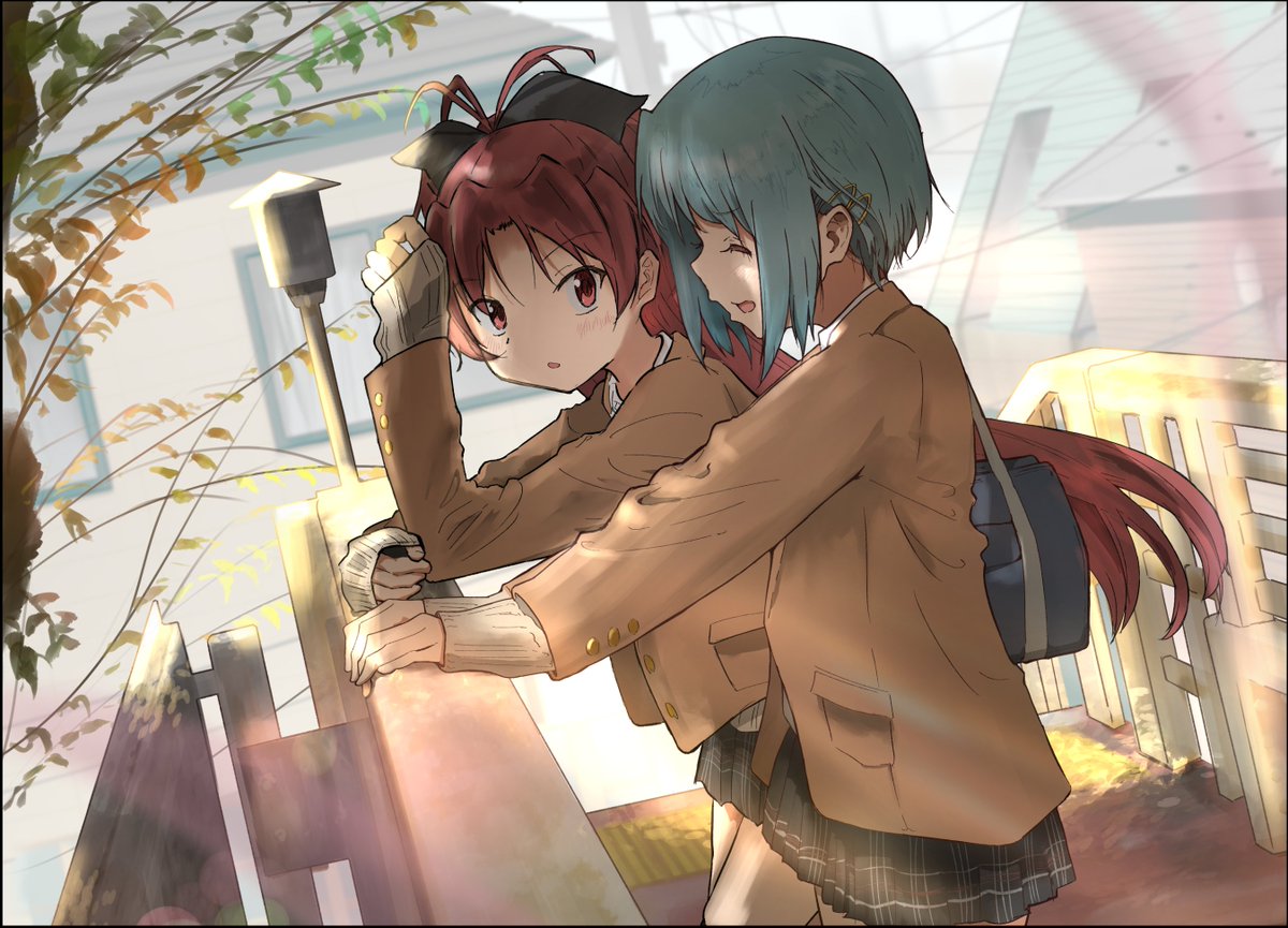 takeraka, miki sayaka, sakura kyoko, mahou shoujo madoka magica, commentary request, 2girls, against railing, bag, black bow, black skirt, blue hair, blurry, blurry background, blush, bow, branch, brown coat, building, buttons, closed eyes, closed mouth, coat, dutch angle, elbow rest, feet out of frame, hair bow, lamppost, leaf, long hair, long sleeves, looking at another, multiple girls, open mouth, outdoors, ponytail, power lines, railing, red eyes, red hair, rooftop, short hair, shoulder bag, sidelocks, skirt, sleeves past wrists, standing, sweater, white sweater, window