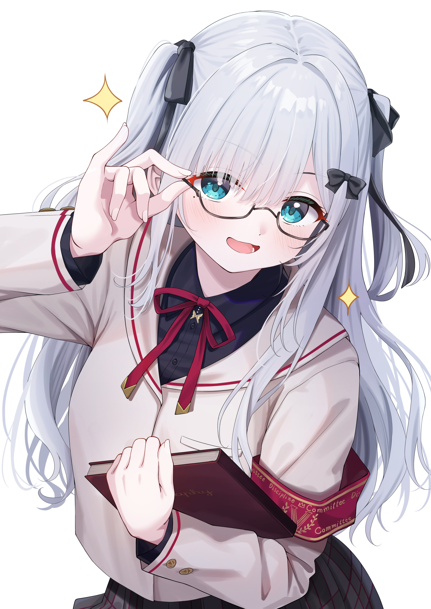 syurimp, kaga sumire, vspo!, commentary request, highres, 1girl, :d, adjusting eyewear, armband, black-framed eyewear, black bow, black shirt, blue eyes, blush, book, bow, collared shirt, dress shirt, glasses, grey hair, grey jacket, hair bow, hand up, holding, holding book, jacket, long hair, looking at viewer, mole, mole under eye, open mouth, plaid clothes, plaid skirt, pleated skirt, school uniform, semi-rimless eyewear, shirt, simple background, skirt, smile, solo, sparkle, two side up, under-rim eyewear, very long hair, virtual youtuber, white background