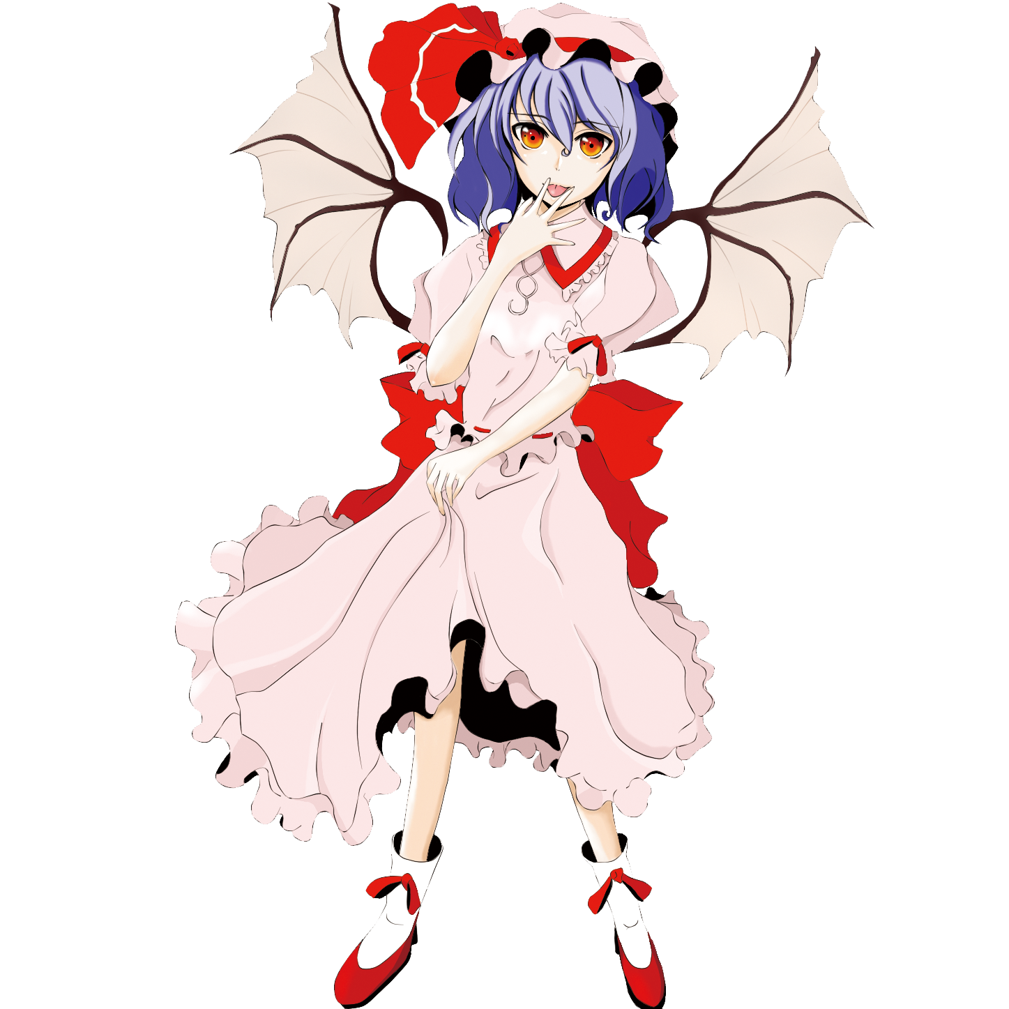 bariten, yatagarasu (artist), remilia scarlet, touhou, bad id, bad pixiv id, highres, 1girl, bat wings, blue hair, clothes lift, dress, dress lift, female focus, full body, hat, licking, red eyes, ribbon, skirt hold, solo, tongue, transparent background, wings