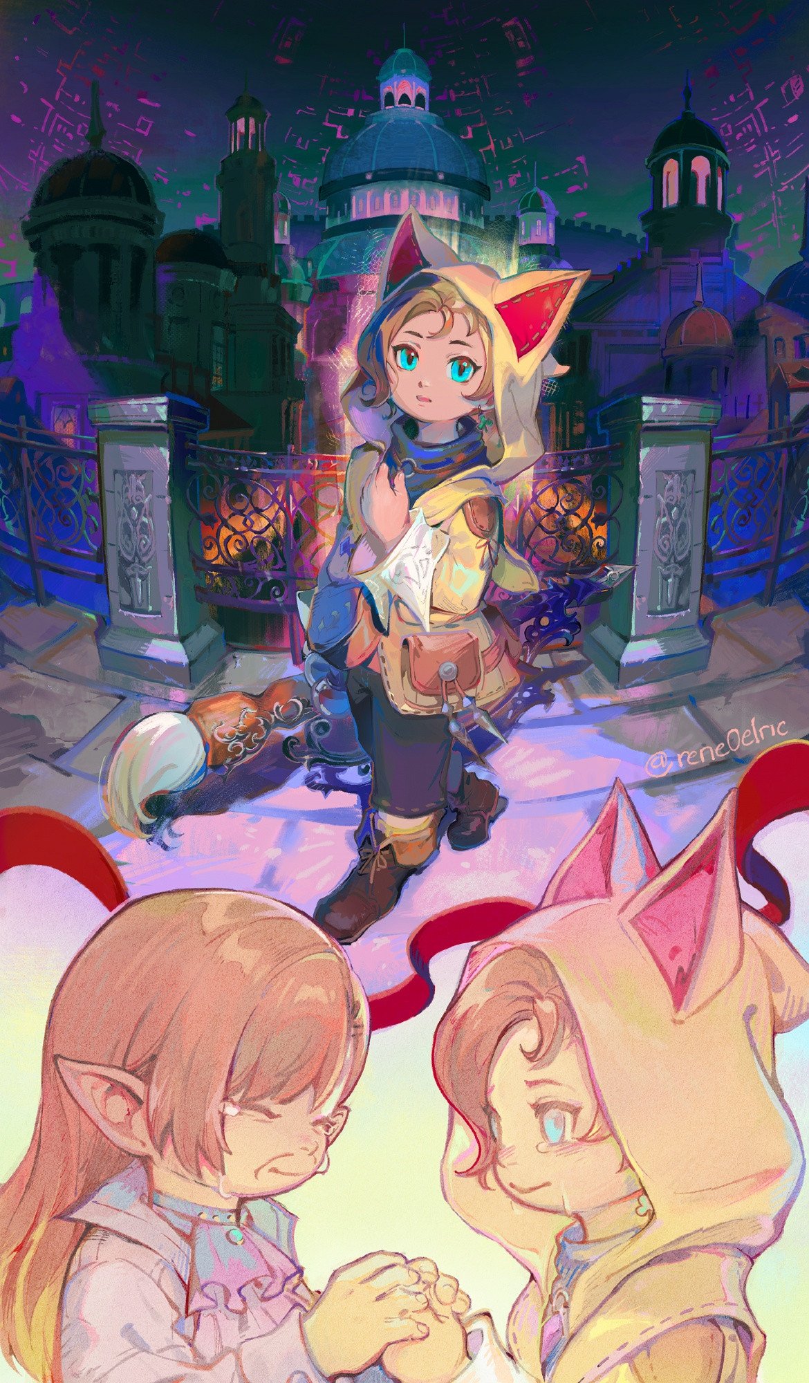 reneelric, krile baldesion (ff14), miayli (ff14), final fantasy, final fantasy xiv, commentary, english commentary, highres, 2girls, animal ear hood, animal hood, aqua eyes, ascot, black pants, blue scarf, boots, brown boots, brown hair, building, cat hood, cityscape, closed eyes, closed mouth, clover earrings, crying, earrings, fake animal ears, fisheye, hand on own chest, holding, holding hands, holding paintbrush, hood, hood up, jacket, jewelry, lalafell, long hair, long sleeves, looking at viewer, multiple girls, multiple views, necklace, old, open mouth, paintbrush, pants, pointy ears, pouch, purple ascot, purple jacket, railing, scarf, single earring, smile, twitter username, yellow jacket