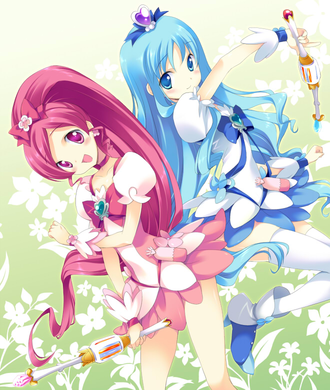 inase shin'ya, cure blossom, cure marine, hanasaki tsubomi, kurumi erika, heartcatch precure!, precure, bad id, bad pixiv id, 10s, 2girls, blue eyes, blue hair, blue skirt, blush, boots, bow, brooch, dress, earrings, flower, flower tact, green background, hair bow, hair ribbon, heart, heart brooch, high heels, high ponytail, jewelry, long hair, magical girl, multiple girls, pink bow, pink eyes, pink hair, ponytail, ribbon, shoes, skirt, smile, thighhighs, very long hair, wand, white thighhighs, wrist cuffs, zettai ryouiki