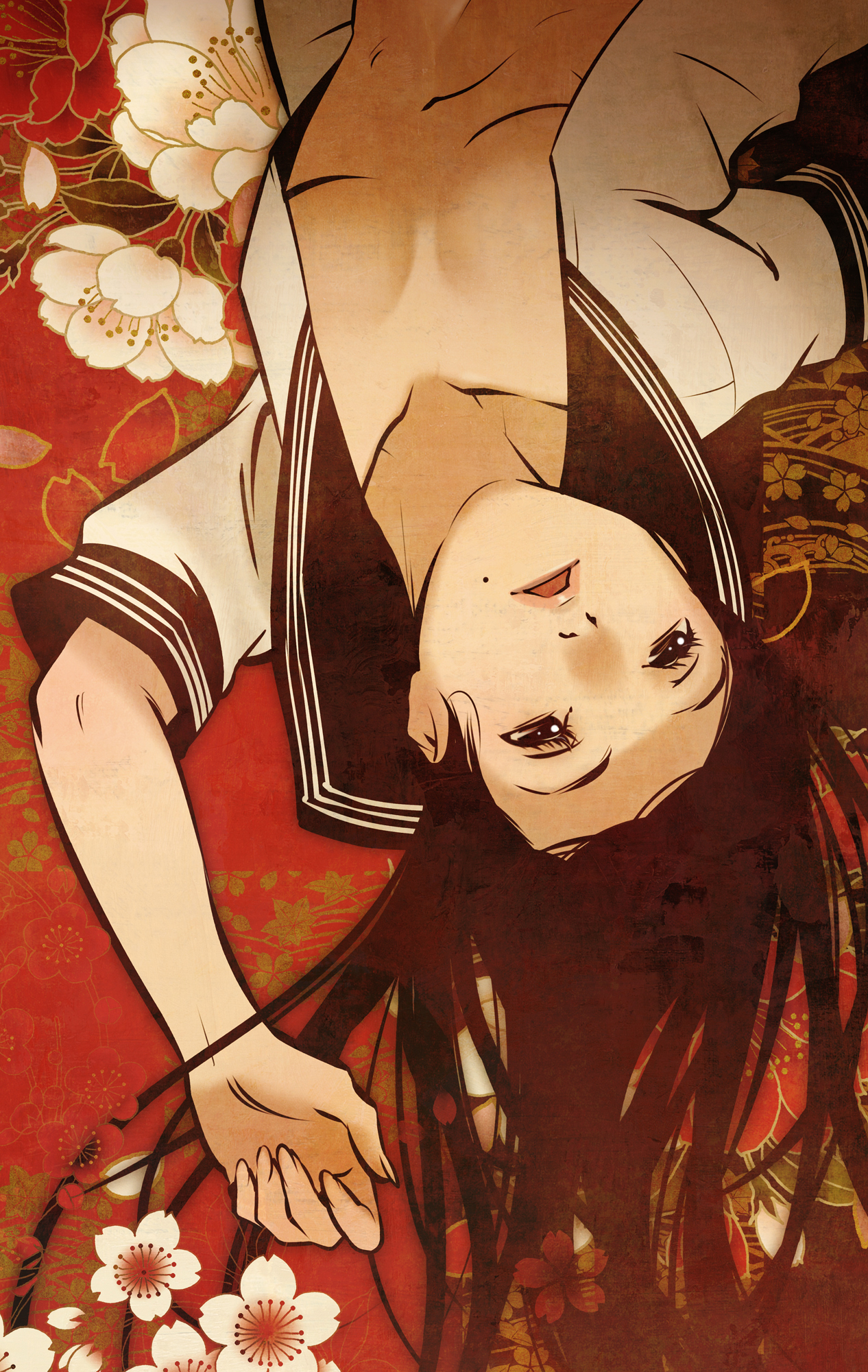 xr650r, original, bad id, bad pixiv id, highres, 1girl, black hair, breasts, cleavage, female focus, fingernails, long fingernails, long hair, medium breasts, mole, mole under mouth, nail (hardware), open clothes, open shirt, school uniform, serafuku, shirt, solo