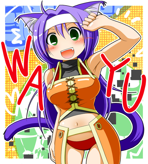earth ekami, mia (fire emblem), fire emblem, fire emblem: path of radiance, fire emblem: radiant dawn, nintendo, 1girl, ahoge, animal ears, armpits, cat ears, cat tail, fang, female focus, green eyes, hairband, panties, purple hair, solo, tail, underwear