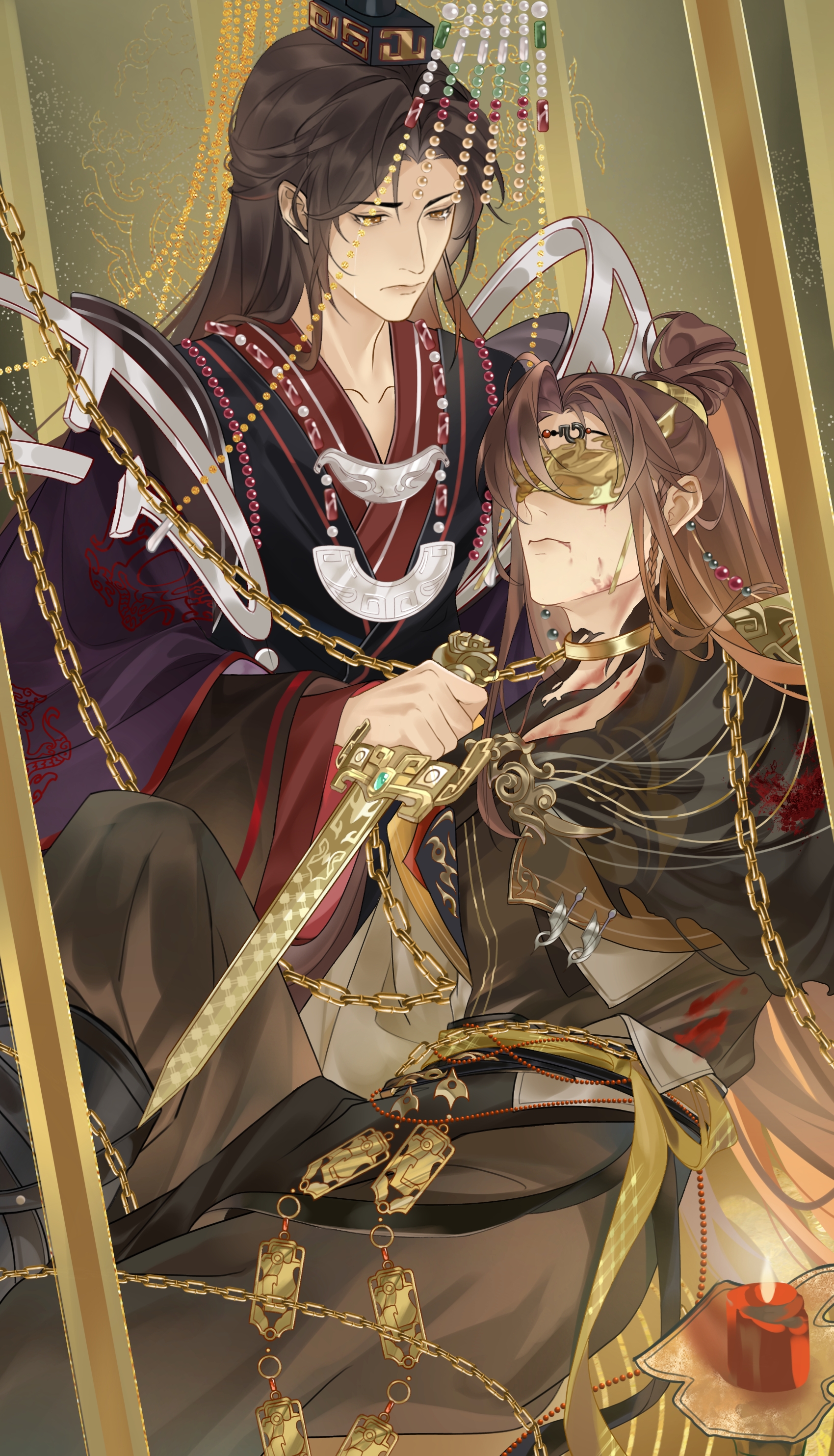 hua yi shanxin zhiyue, gold collar, absurdres, chinese commentary, commentary request, highres, 2boys, belt, black boots, black hanfu, black robe, blindfold mask, blood, blood on clothes, blood on face, boots, brown eyes, brown hair, candle, cape, chain, chain belt, chained, changmingsuo, chinese clothes, closed mouth, collar, collarbone, covered eyes, crying, crying with eyes open, curtained hair, cuts, dagger, feet out of frame, gongzi xiyu, grey pants, guan hat, hair between eyes, half updo, hanfu, head chain, high ponytail, holding, holding dagger, holding knife, holding weapon, injury, iron bars, jewelry, ji yuanqi, knee up, knife, lips, long hair, long sleeves, looking at another, male focus, mask, mian guan, multiple boys, official alternate costume, pants, pants tucked in, parted bangs, ponytail, purple cape, red hanfu, red robe, reverse grip, robe, sash, shoulder guard, side part, sidelocks, sitting, tears, the prince (hua yi shanxin zhiyue), torn clothes, upper body, very long hair, waist sash, weapon, wide sleeves, yellow sash