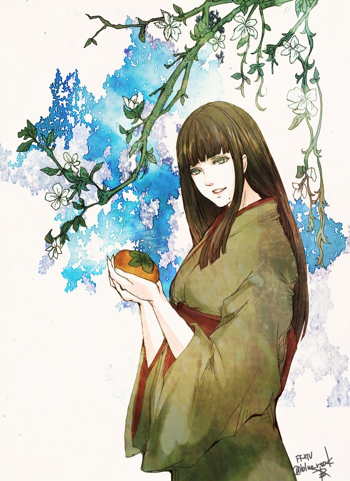ruka (blueplus84), yotsuyu goe brutus, final fantasy, final fantasy xiv, commentary, 1girl, black hair, blunt bangs, blunt ends, copyright name, flower, food, fruit, green eyes, green kimono, holding, holding food, holding fruit, hyur, japanese clothes, kimono, long hair, mole, mole under mouth, persimmon, red sash, sash, smile, solo, twitter username, white flower, wide sleeves
