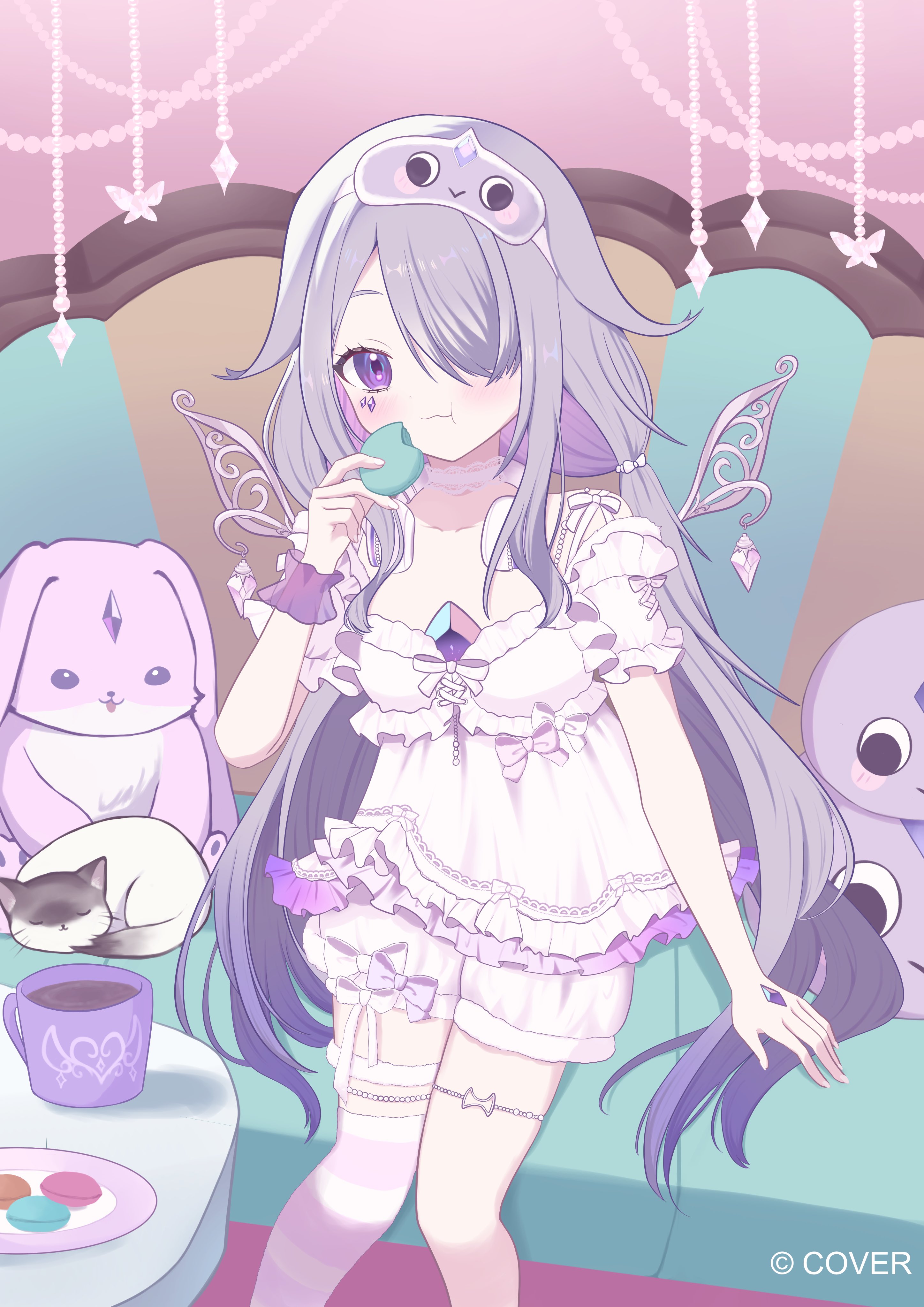elis soratabi, john cat (koseki bijou), koseki bijou, pebble (koseki bijou), hololive, hololive english, absurdres, highres, official art, 1girl, chest jewel, dress, eating, food, gem, geow (koseki bijou), grey hair, jewel under eye, koseki bijou (pebble pajamas), long hair, macaron, multicolored hair, open mouth, pink hair, purple hair, sleeping, smile, striped clothes, striped thighhighs, thighhighs, virtual youtuber, wings