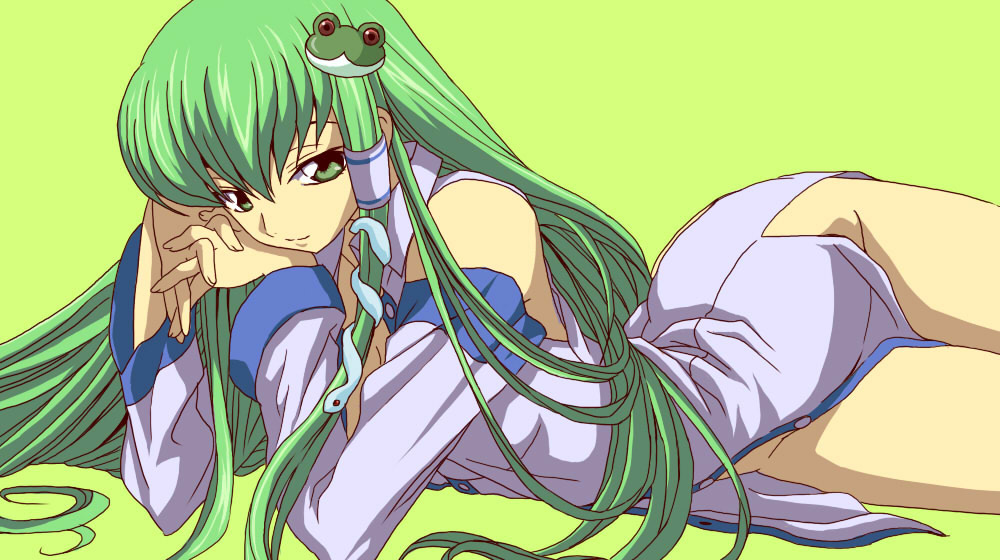 toto (hitori othello), c.c., kochiya sanae, code geass, touhou, 1girl, bottomless, cosplay, detached sleeves, female focus, green hair, hair ornament, long hair, no panties, parody, snake, solo, style parody