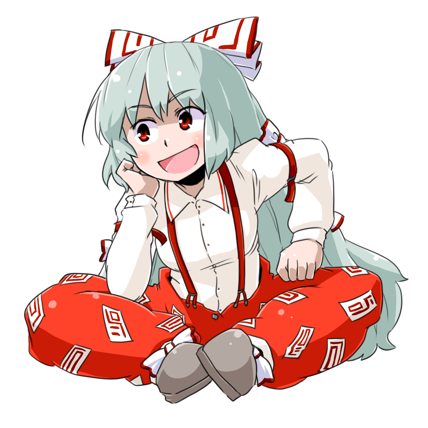 aono3, fujiwara no mokou, touhou, highres, 1girl, :d, bow, female focus, full body, green hair, hair bow, long hair, open mouth, red eyes, sitting, smile, solo, transparent background