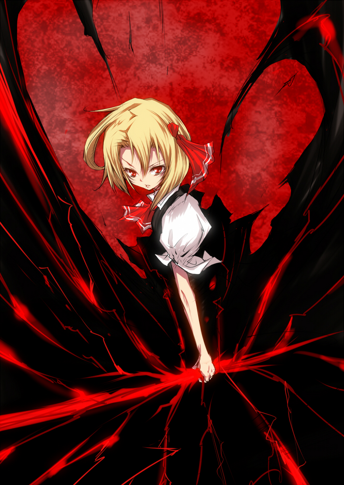 akiakiaki9, rumia, embodiment of scarlet devil, touhou, 1girl, blonde hair, darkness, energy sword, female focus, hair ribbon, red eyes, ribbon, short hair, solo, sword, weapon