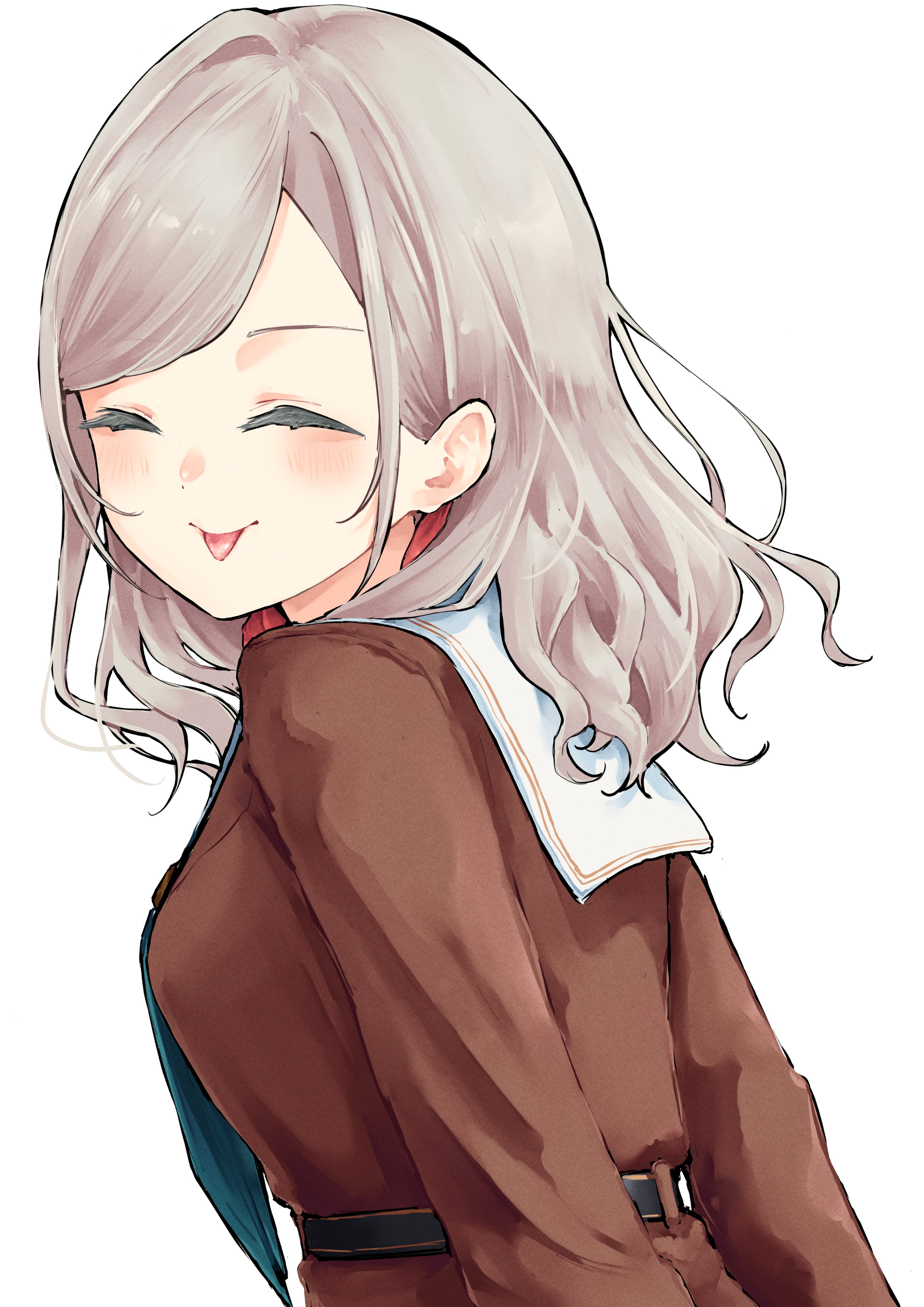 mendo (mend0o0), ceras yanagida lilienfeld, link! like! love live!, love live!, absurdres, commentary request, highres, 1girl, :p, ^ ^, aqua neckerchief, blush, breasts, brown dress, closed eyes, dress, facing viewer, from behind, grey hair, hair ribbon, hasu no sora school uniform, long sleeves, medium breasts, neckerchief, pink ribbon, ribbon, sailor collar, sailor dress, school uniform, simple background, solo, tongue, tongue out, virtual youtuber, wavy hair, white background, white sailor collar, winter uniform