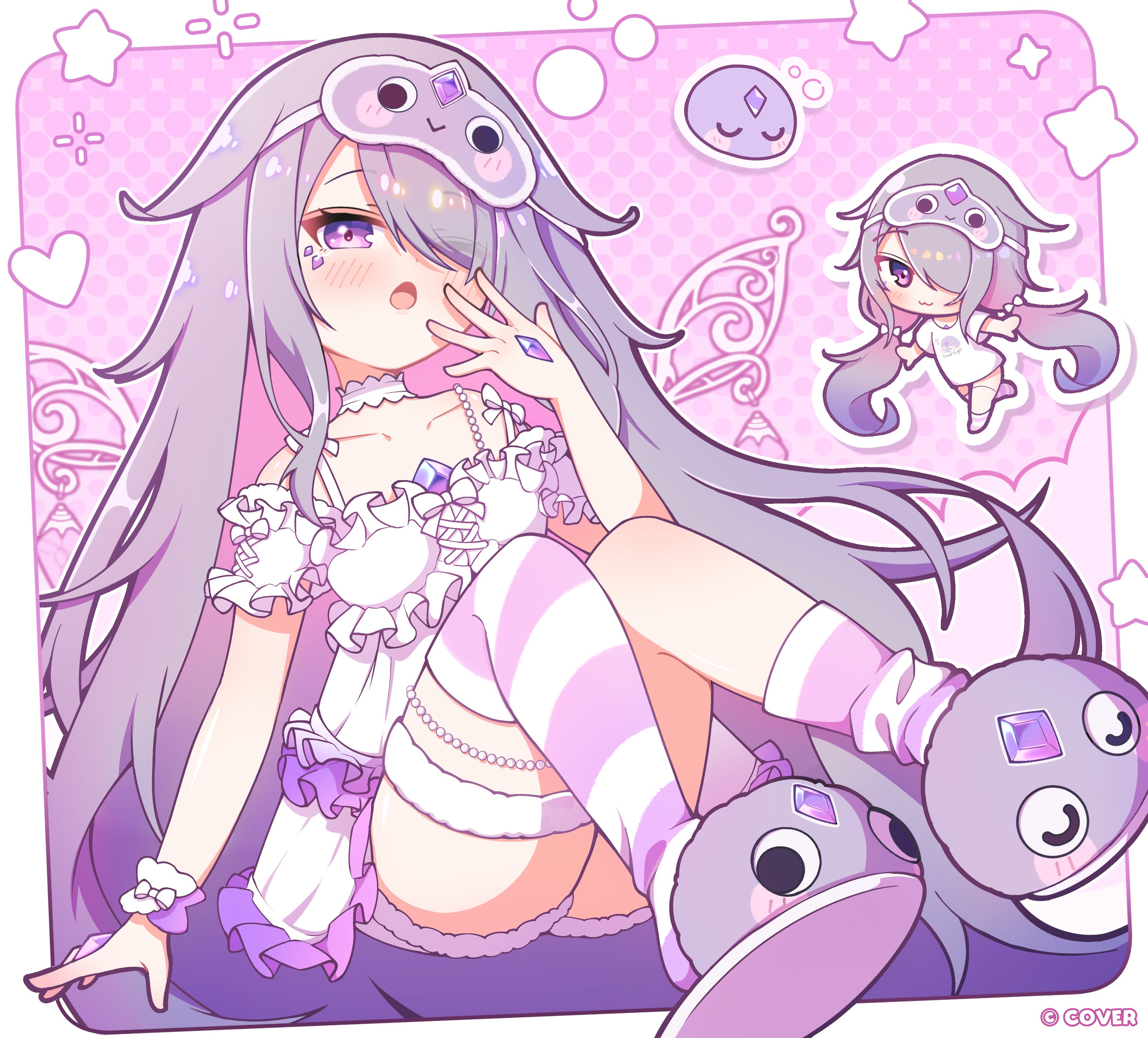 shutowl, koseki bijou, pebble (koseki bijou), hololive, hololive english, absurdres, commentary, english commentary, highres, official art, 1girl, chest jewel, dress, gem, grey hair, jewel under eye, koseki bijou (pebble pajamas), long hair, multicolored hair, open mouth, pink hair, purple hair, smile, striped clothes, striped thighhighs, thighhighs, virtual youtuber
