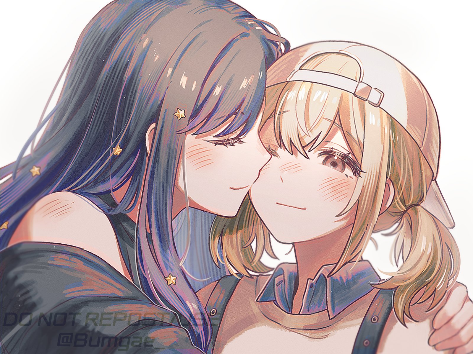 wo habum, azusawa kohane, shiraishi an, project sekai, bad id, bad twitter id, highres, 2girls, baseball cap, black hair, brown eyes, brown hair, closed eyes, clozy (vtuber), collared shirt, hair ornament, hat, hug, long hair, looking at another, multiple girls, one eye closed, shirt, short twintails, simple background, smile, star (symbol), star hair ornament, twintails, watermark, white background, white hat, yuri