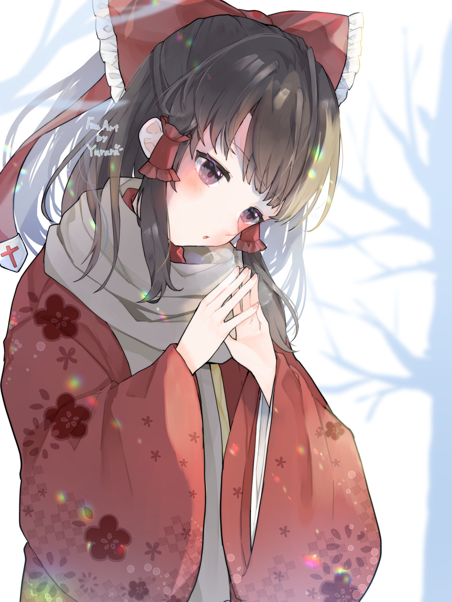 minatsuki yurara, hakurei reimu, touhou, commentary request, highres, 1girl, alternate costume, artist name, bare tree, bow, breath, brown eyes, brown hair, dotera (clothes), floral print, frilled bow, frilled hair tubes, frills, grey scarf, hair bow, hair tubes, long hair, own hands together, red bow, scarf, solo, tree