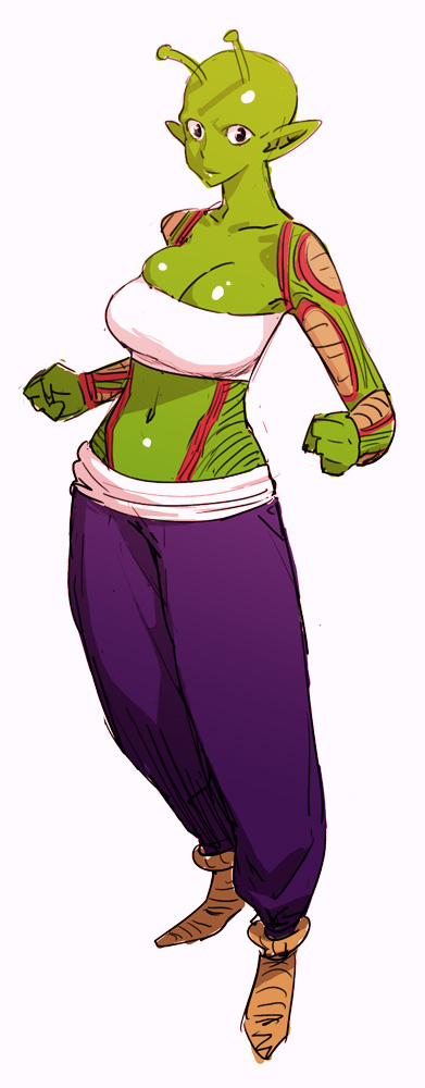 bobobo, piccolo, dragon ball, dragonball z, long image, tall image, 1girl, alien, antennae, breasts, cleavage, colored skin, female focus, genderswap, genderswap (mtf), green skin, large breasts, pointy ears, solo