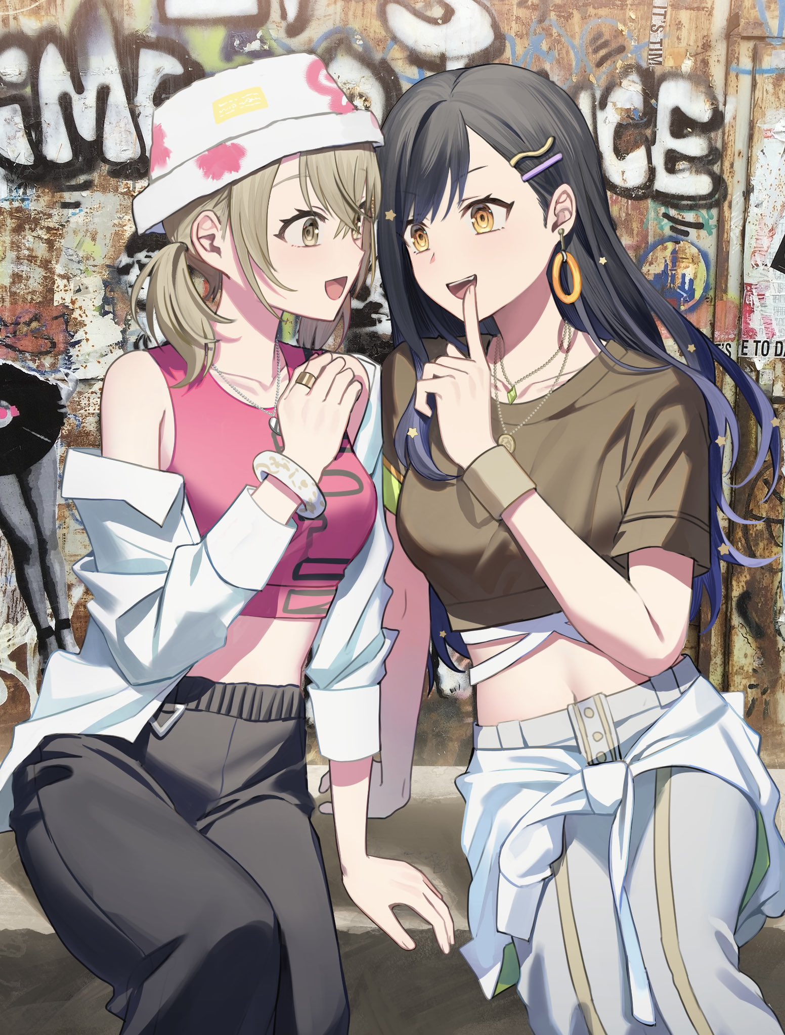 mumat 39, azusawa kohane, shiraishi an, project sekai, highres, protected link, 2girls, black hair, black pants, black shirt, blue hair, bracelet, break down the wall (project sekai), brown eyes, brown hair, crop top, earrings, gradient hair, graffiti, hair ornament, hairclip, hand up, jewelry, layered clothes, long hair, long sleeves, looking at another, midriff, missing commentary, multicolored hair, multiple girls, multiple necklaces, necklace, official alternate costume, open mouth, orange eyes, pants, ring, shirt, short sleeves, short twintails, sitting, star (symbol), star hair ornament, twintails, two-tone hair