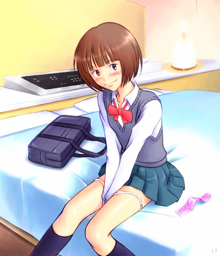 bonnie (rsg), endou tomoko, kimi ni todoke, bad id, bad pixiv id, 00s, bag, bed, blush, brown eyes, brown hair, condom, condom packet strip, condom wrapper, kneehighs, panties, panty pull, school uniform, short hair, skirt, socks, solo, underwear