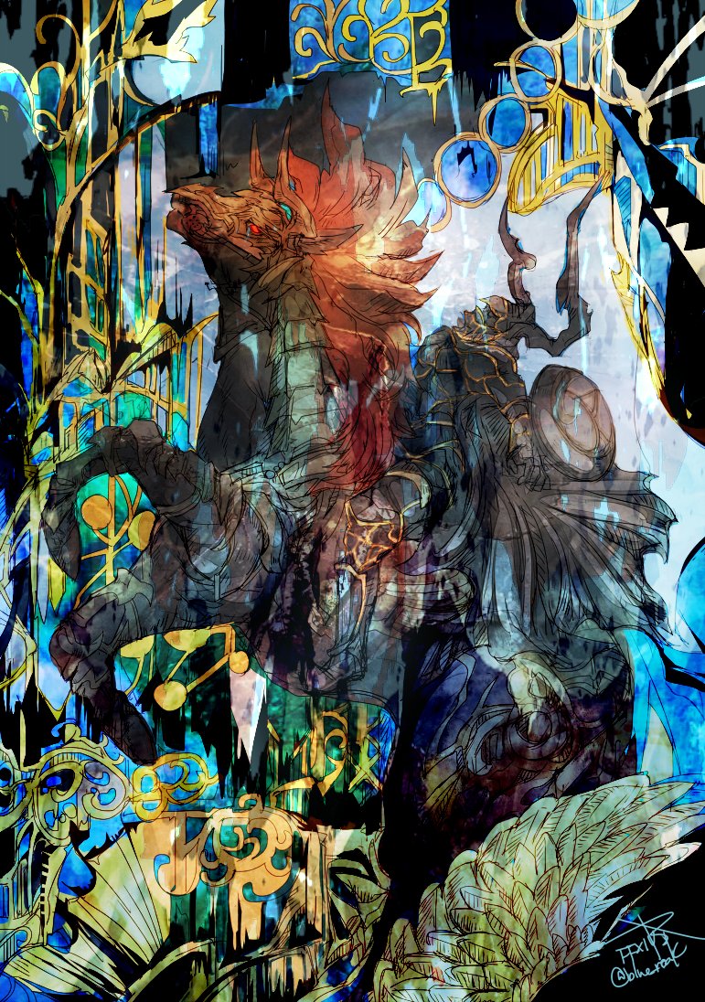 ruka (blueplus84), odin (final fantasy), sleipnir (final fantasy), final fantasy, final fantasy xiv, commentary, 1boy, armor, barding, black armor, black cape, black horse, buckler, cape, copyright name, fake horns, helmet, horned helmet, horns, horse, horseback riding, rearing, riding, shield, twitter username