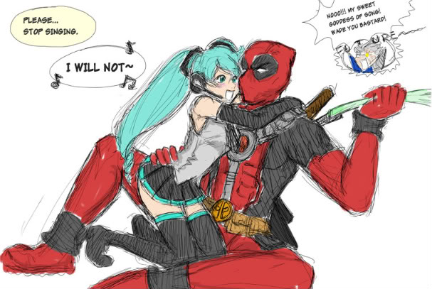 cable (marvel), deadpool, hatsune miku, wade wilson, deadpool (series), marvel, vocaloid, crossover, english text, mask, musical note, spring onion, tsundere