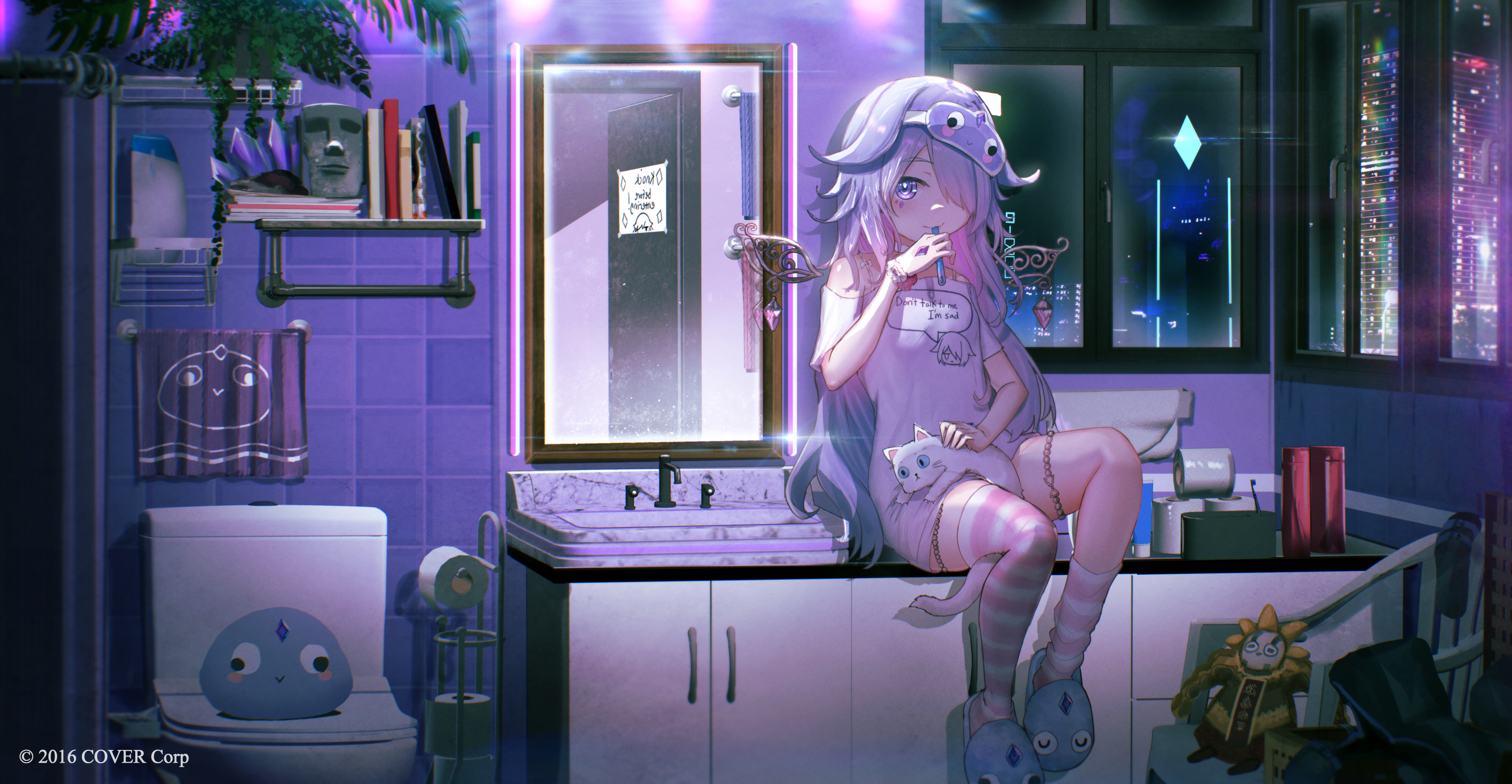 advarcher, koseki bijou, pebble (koseki bijou), hololive, hololive english, commentary, english commentary, highres, 1girl, bathroom, chest jewel, chibi, dress, gem, grey hair, jewel under eye, koseki bijou (pebble pajamas), long hair, mirror, multicolored hair, open mouth, pink hair, purple eyes, purple hair, smile, toothbrush, virtual youtuber