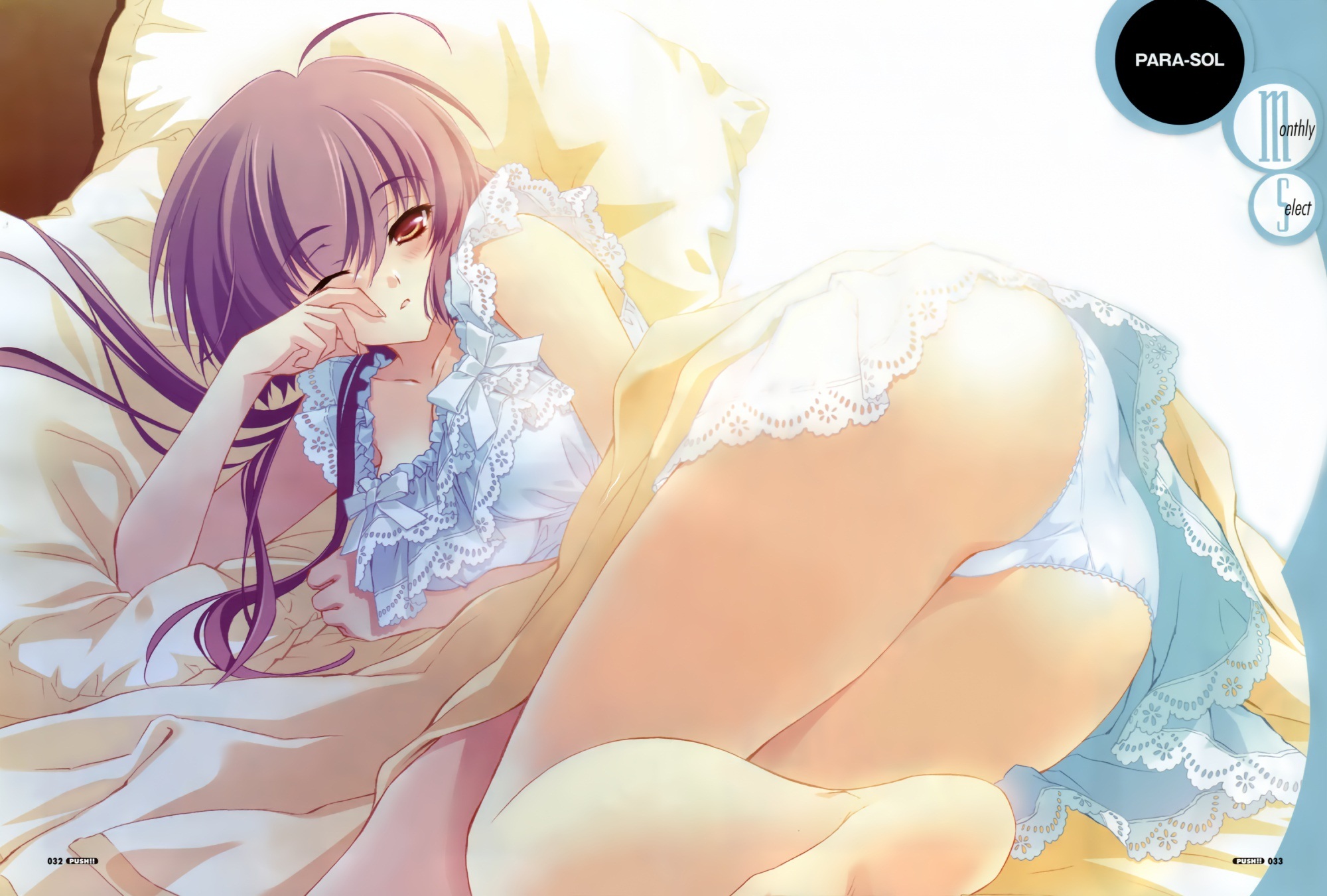 carnelian, fujita nodoka, para-sol, highres, stitched, third-party edit, 1girl, ahoge, ass, barefoot, bed, brown hair, female focus, long hair, one eye closed, panties, pantyshot, sleepy, solo, underwear, white panties, wink